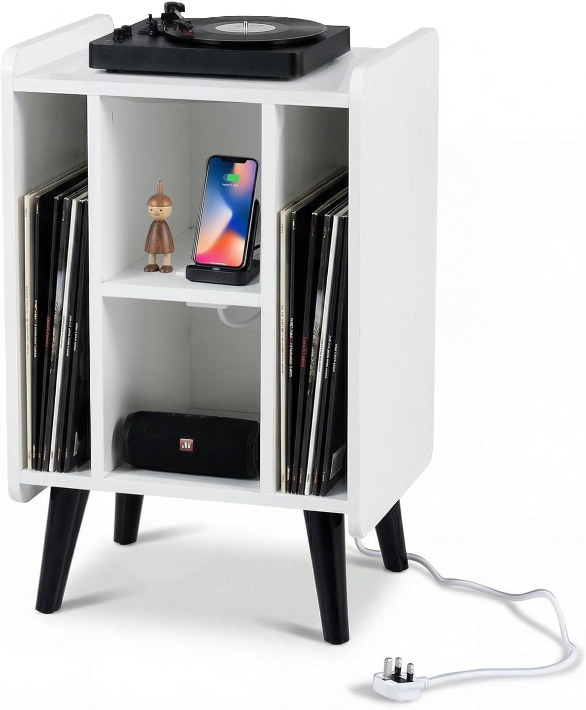 Record Player Stand with 4 Open Shelves Power Outlet USB Charging Port