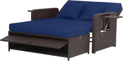 4-Level Adjustable Patio Wicker Loveseat Sofa Bed Sun Lounger with Storage Ottoman
