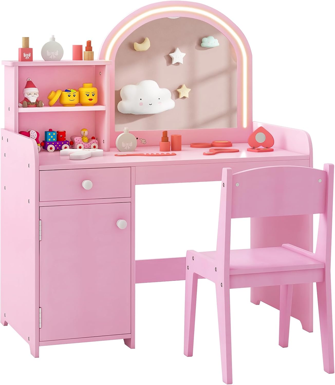 Kids Vanity Table and Stool Set with 2-Color LED Lights Mirror