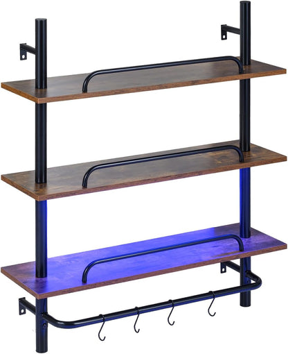 3-Tier Industrial Floating Shelves for Wall with 4 S-Shaped Hooks