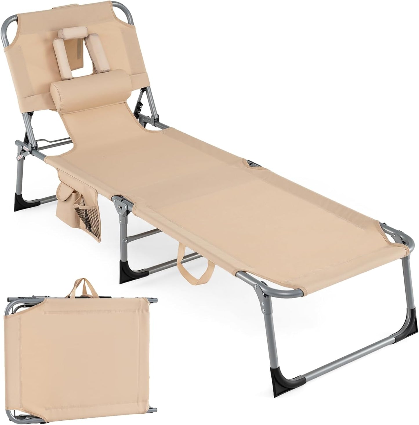 Folding Sun Lounger with Face Hole, 4-Position Adjustable Outdoor Chaise Lounge Chair