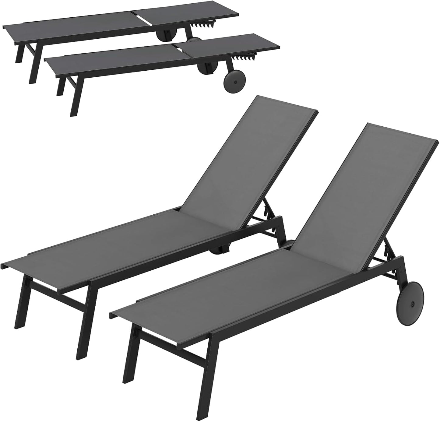 Patio Chaise Lounge Chair with Wheels Outdoor Recliner with 6-Level Adjustable Backrest