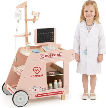 Wooden Doctor Playset, Kids Role Play Medical Station Cart