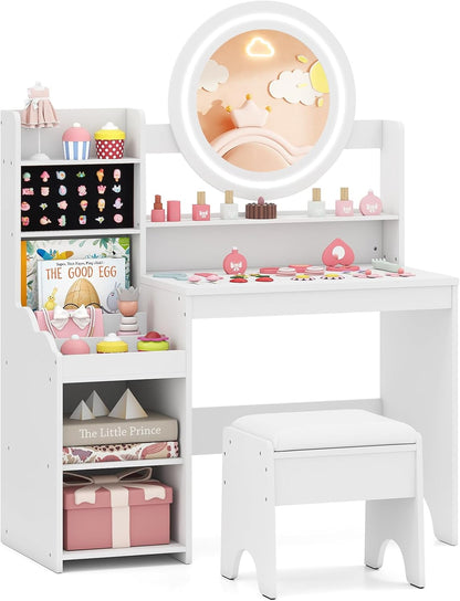 Kids Dressing Table, Girls Vanity Set with Lighted Mirror
