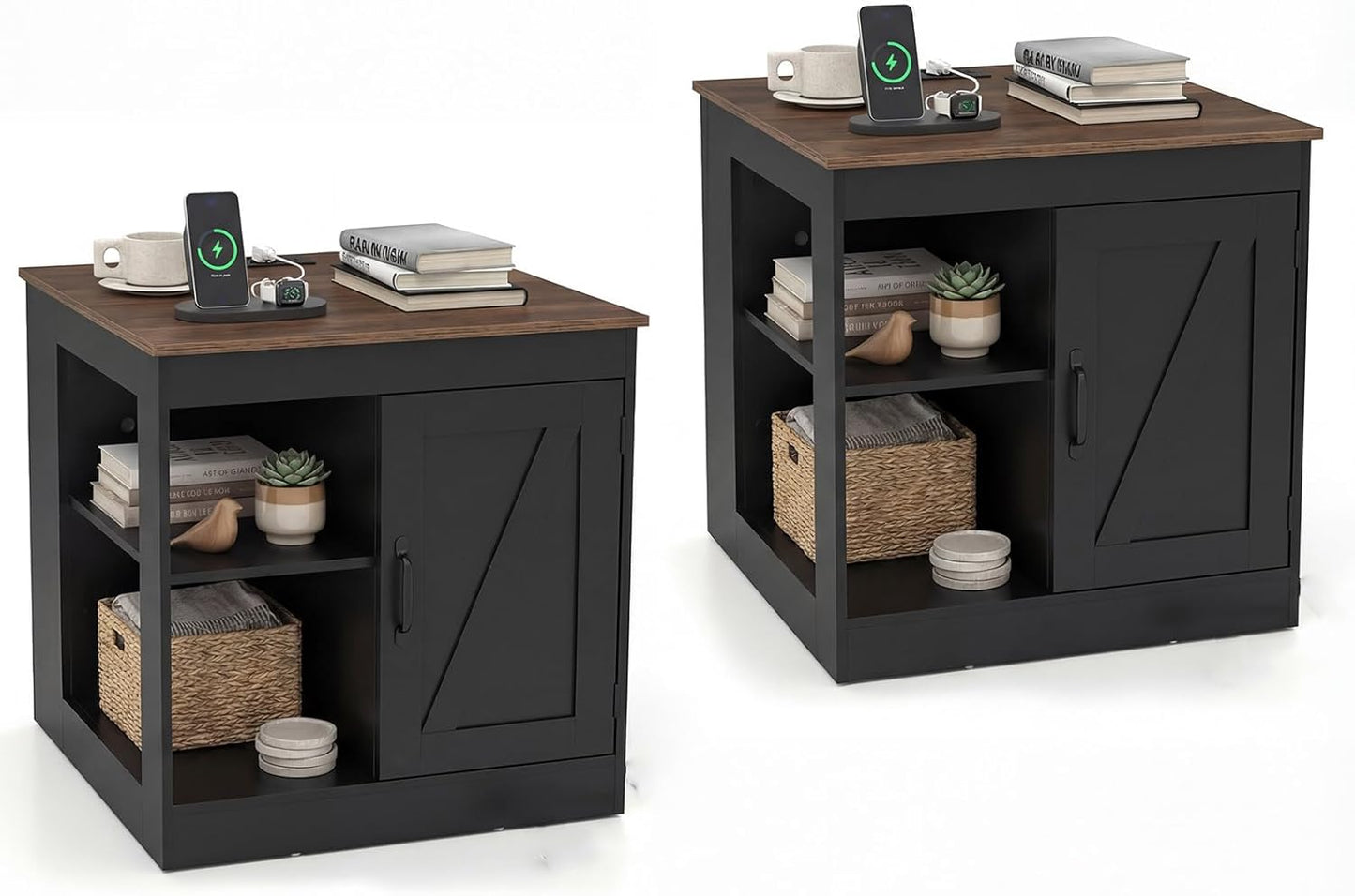 Farmhouse Nightstand with Charging Station Bedside Table with Adjustable Shelf