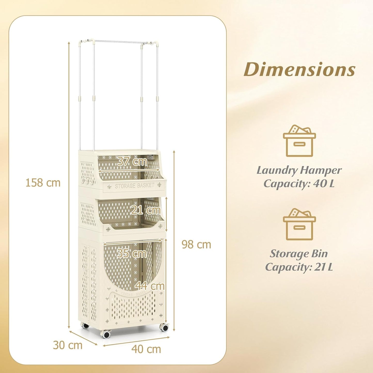 3/4-Tier Laundry Basket Trolley on Wheels, Foldable Laundry Hamper Cart