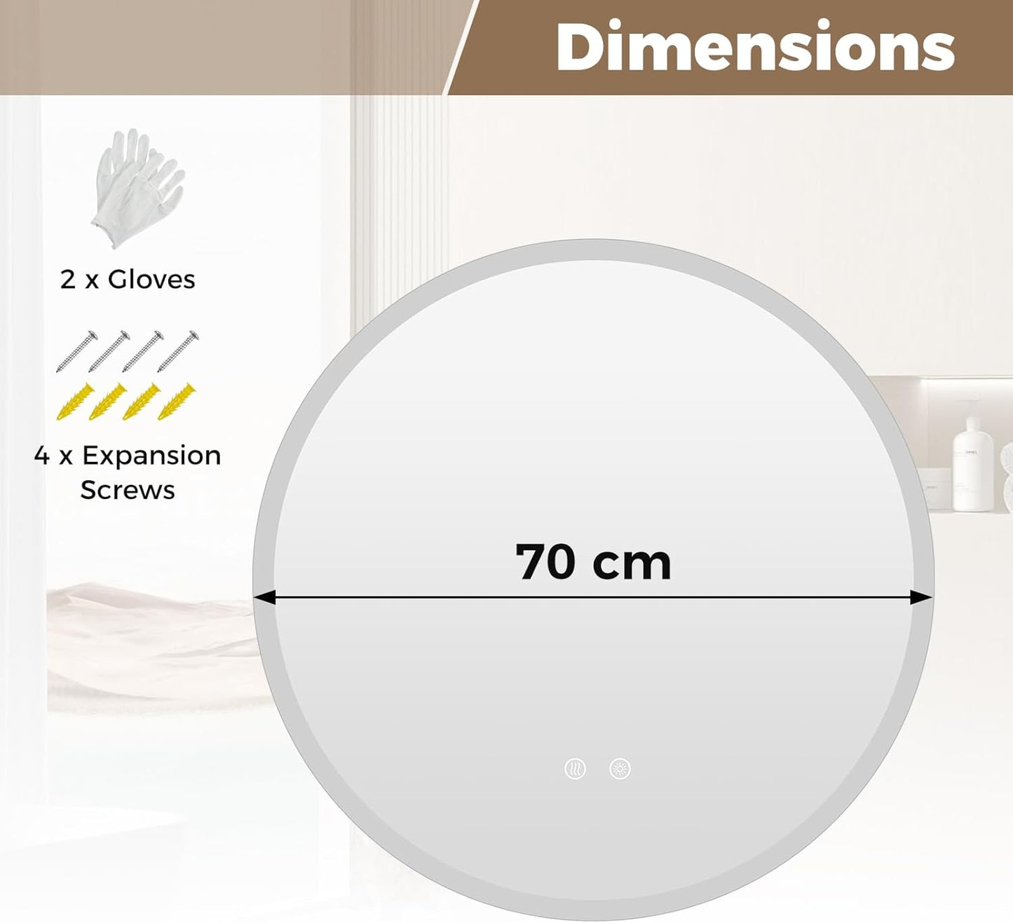 600mm/700mm Round Bathroom Mirror with LED Lights, Illuminated Backlit Wall Mounted Vanity Mirror with 3 Colors