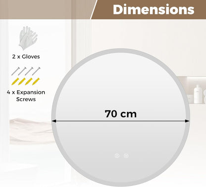 600mm/700mm Round Bathroom Mirror with LED Lights, Illuminated Backlit Wall Mounted Vanity Mirror with 3 Colors