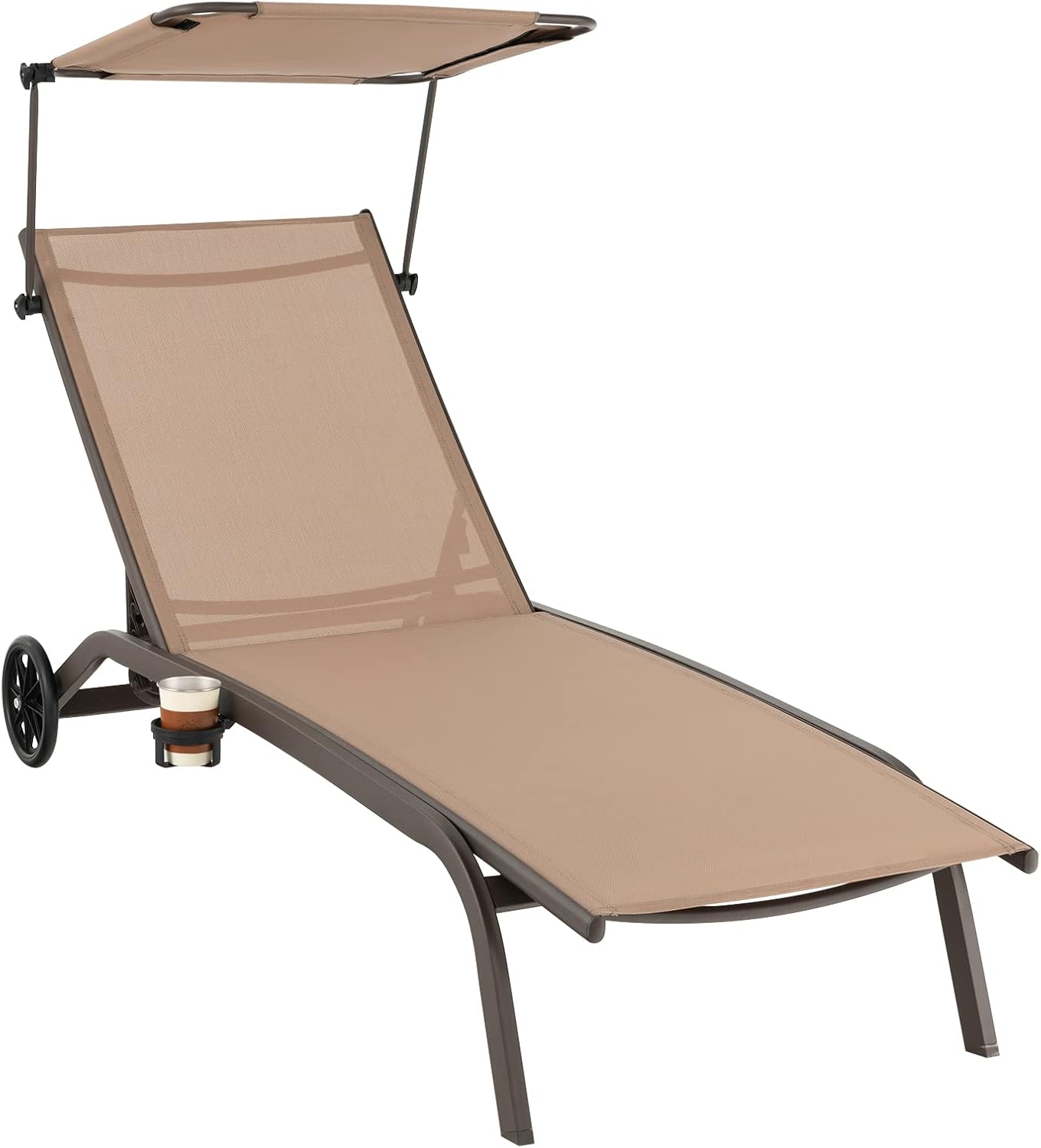 Adjustable Chaise Lounge Deck Sunbed with Rotatable Canopy and Cup Holder