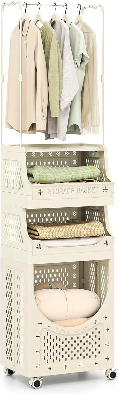 3/4-Tier Laundry Basket Trolley on Wheels, Foldable Laundry Hamper Cart