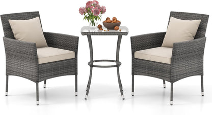 3-Piece PE Rattan Furniture Set with 2 Cushioned Chairs and Tempered Glass Table