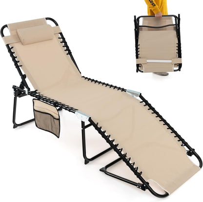 4-Level Adjustable Garden Reclining Chaise Lounge Chair Sunbed with Pillow & Side Pocket