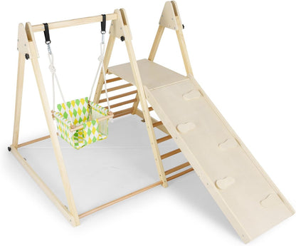 Kids Climbing Frame, Wooden Children Climber Playset with Swing, Ladder