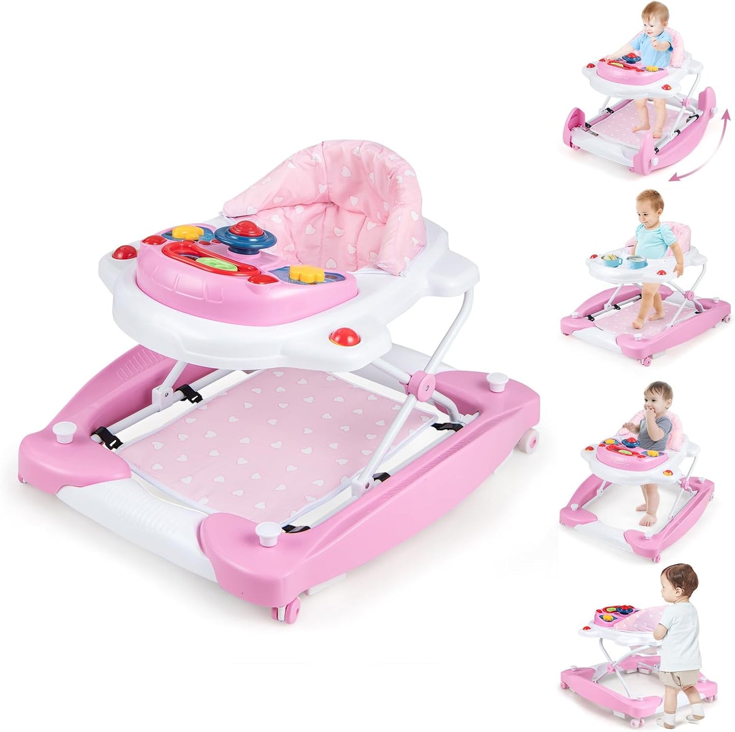 6 in 1 Foldable Push Along Walkers with 3 Adjustable Heights