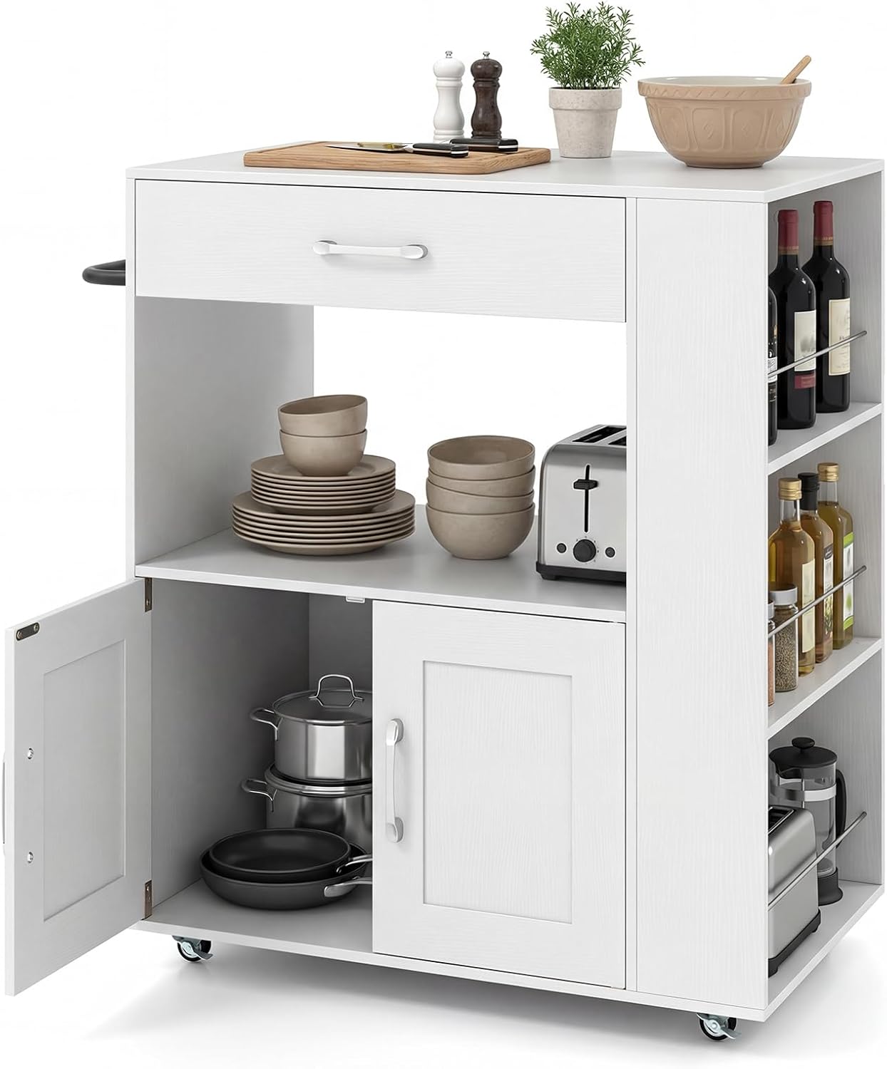 Kitchen Storage Trolley, Rolling Serving Island Cart with Towel Bar