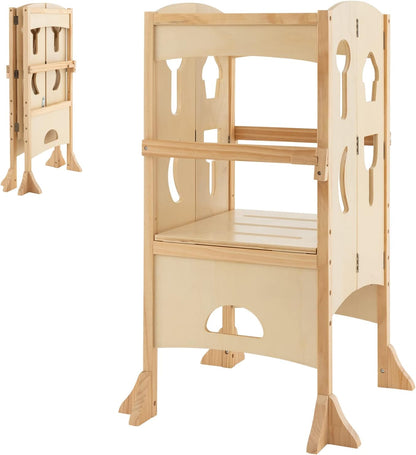 Height Adjustable Toddler Kitchen Helper with Safety Latches and Protective Rail