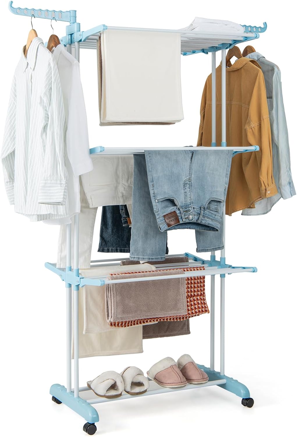4 Tier Foldable Airer Clothes Drying Rack with Wings and Casters