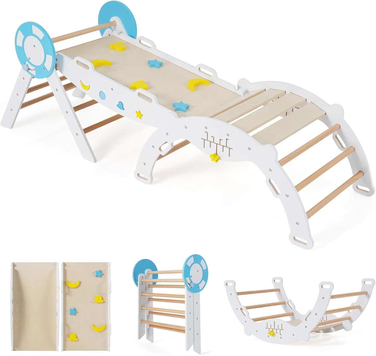 7 in 1 Kids Climbing Frame, Wooden Toddler Climbing Set with Reversible Ramp