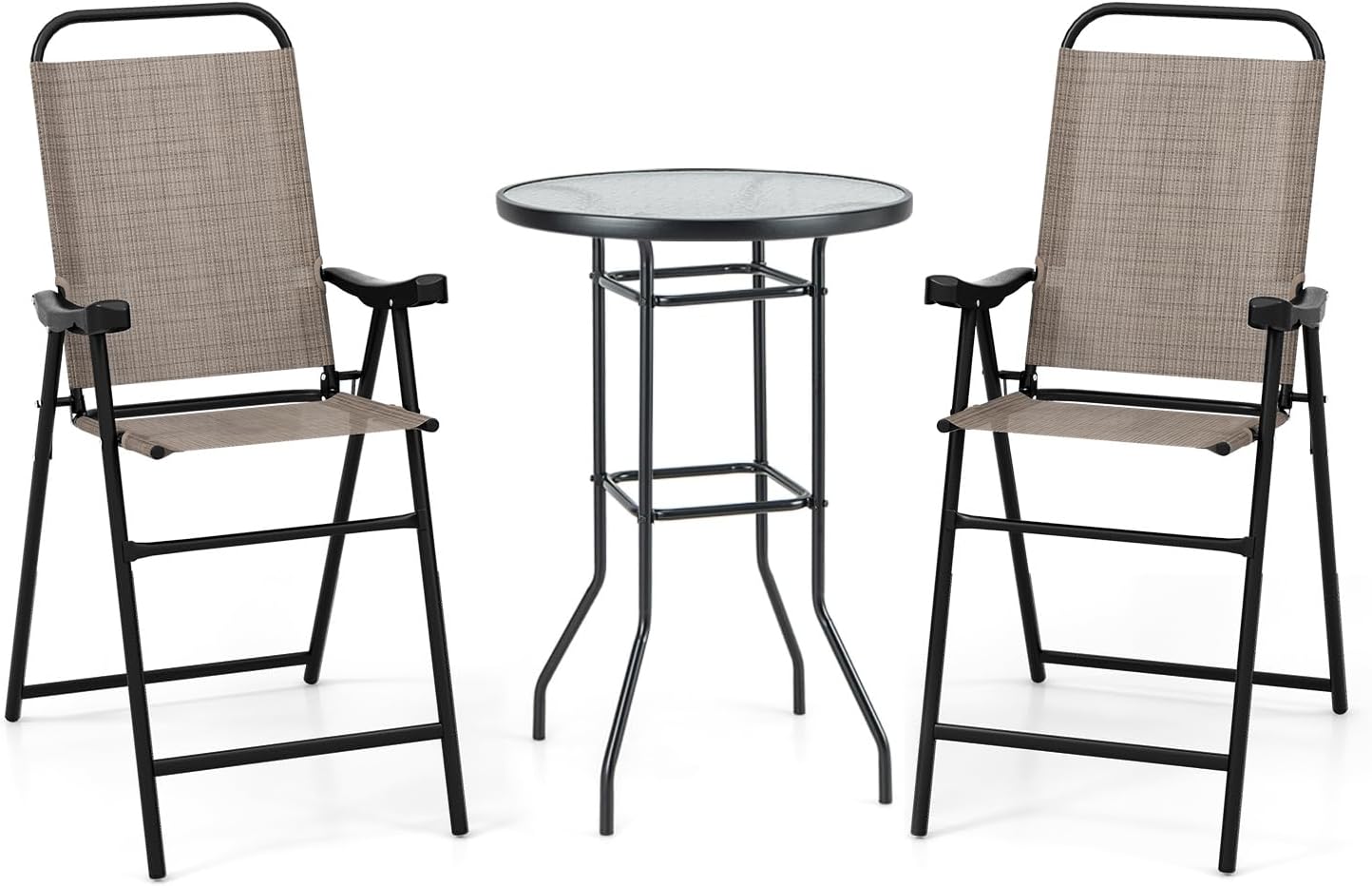 GiantexUK 3 Piece Bistro Set, Garden Dining Furniture Set with Round Bar Table and 2 Folding Chairs