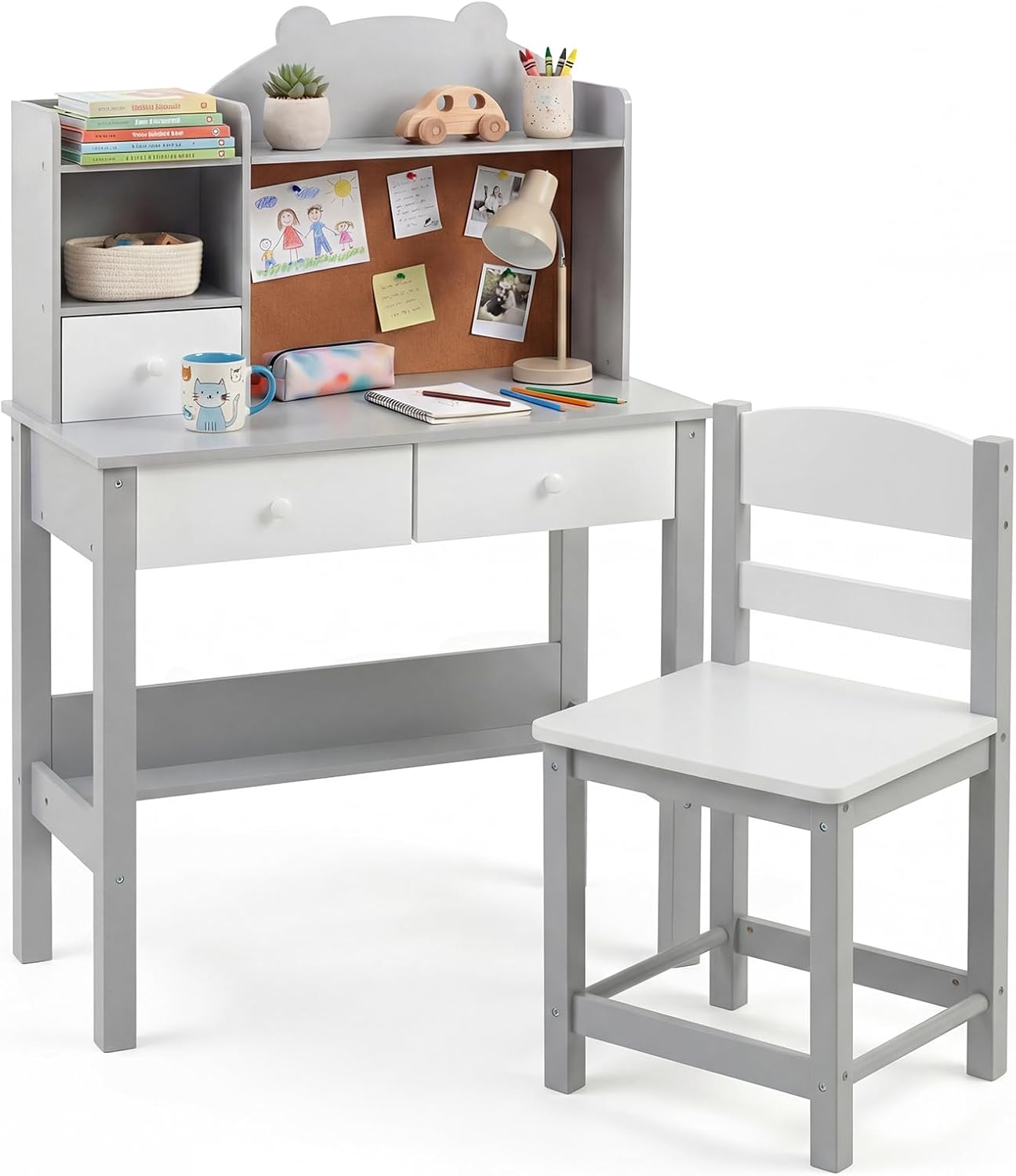 Kids Desk and Chair Set, Wooden Student Study Table with Drawers