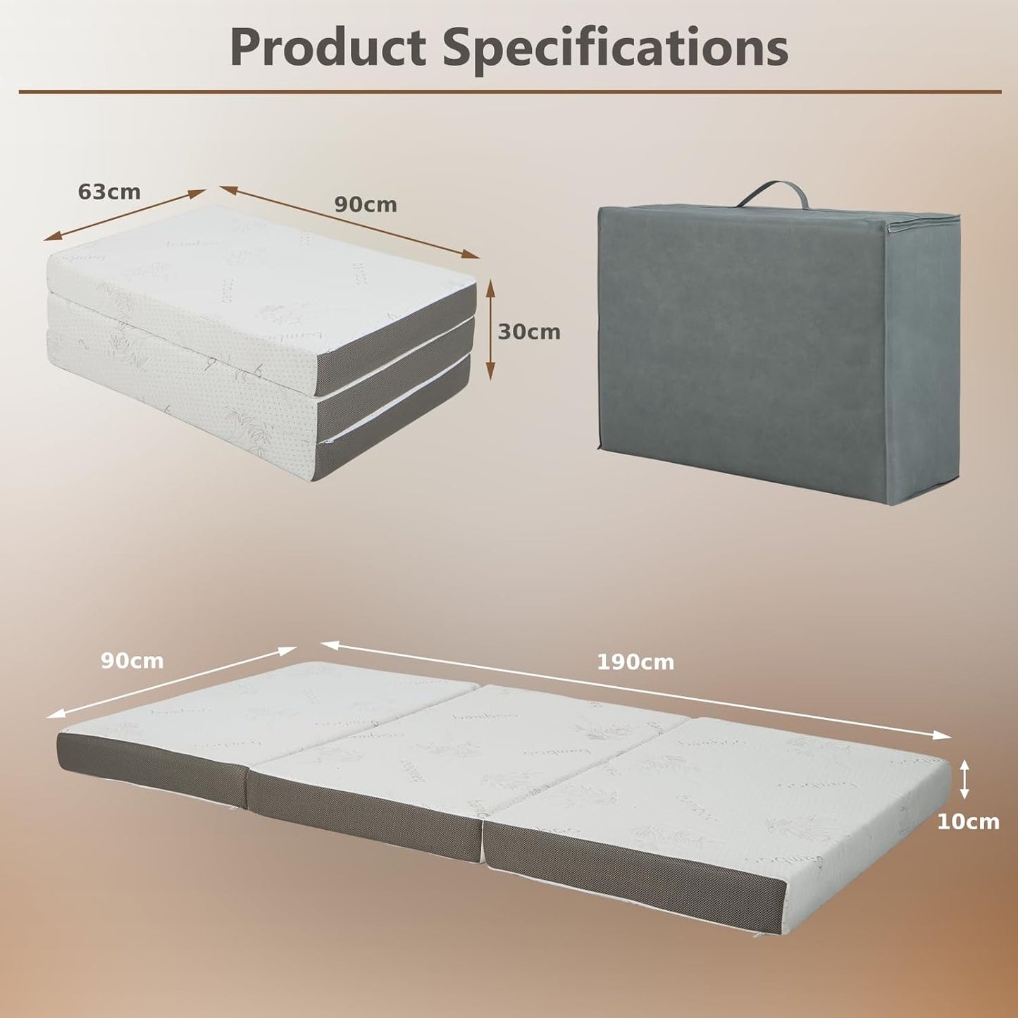 Cooling Gel Memory Foam Folding Mattress with Bamboo Cover and Mesh Border Fabric