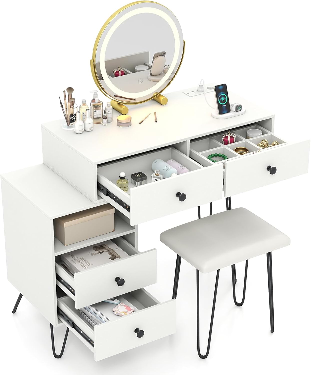 Dressing Table with 360° Rotation LED Mirror and Stool, Makeup Table Vanity Desk Set with Charging Station