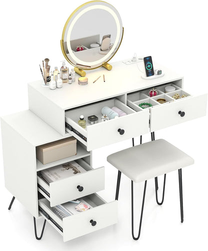 Dressing Table with 360° Rotation LED Mirror and Stool, Makeup Table Vanity Desk Set with Charging Station