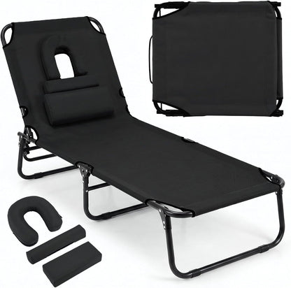 Folding Sun Lounger, 5-Position Adjustable Reclining Tanning Chair