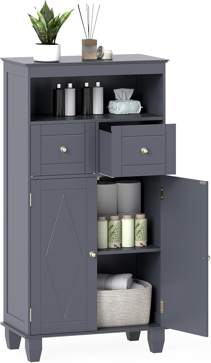 Bathroom Floor Cabinet, Freestanding Wooden Storage Cupboard with 2 Doors