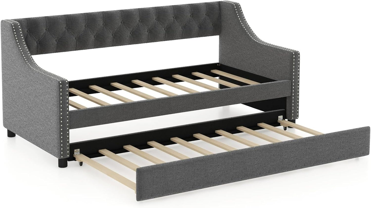 Single Size Trundle Bed Linen Upholstered Daybed with Backrest