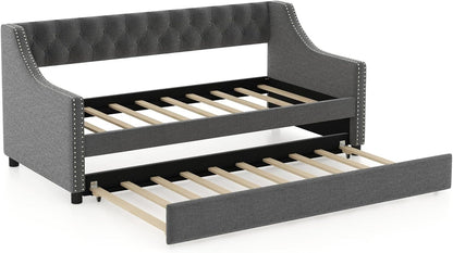 Single Size Trundle Bed Linen Upholstered Daybed with Backrest