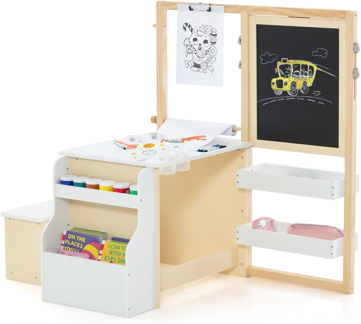 Kids Art Easel Table and Bench Set with Adjustable Easel and Bookshelf