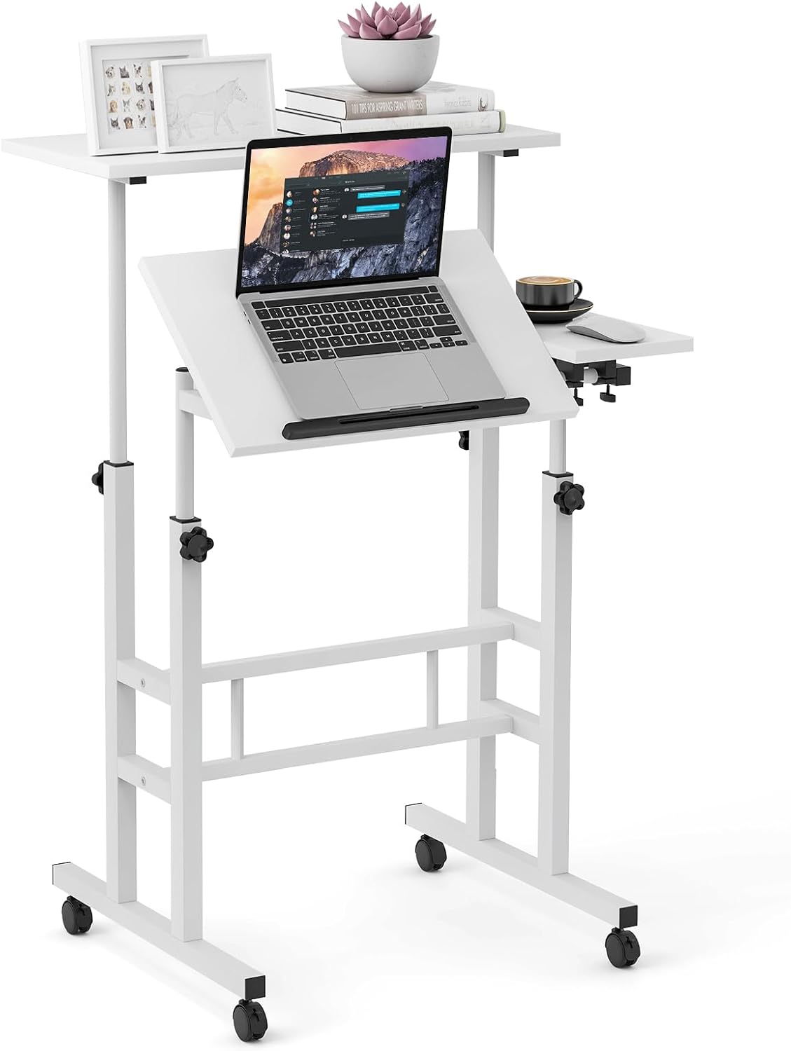 Height Adjustable Standing Desk, Mobile Laptop Table Computer Desk with Flip-over Desktop and Wheels