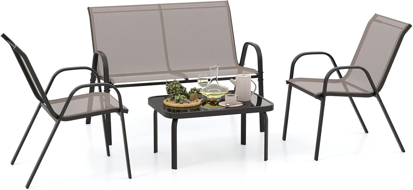 4-Piece Garden Furniture Set, Metal Frame Patio Conversation Set with Loveseat