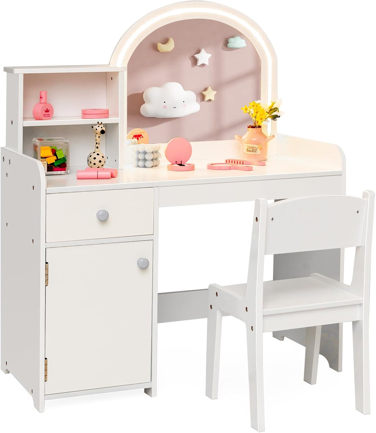 Kids Vanity Table and Stool Set with 2-Color LED Lights Mirror