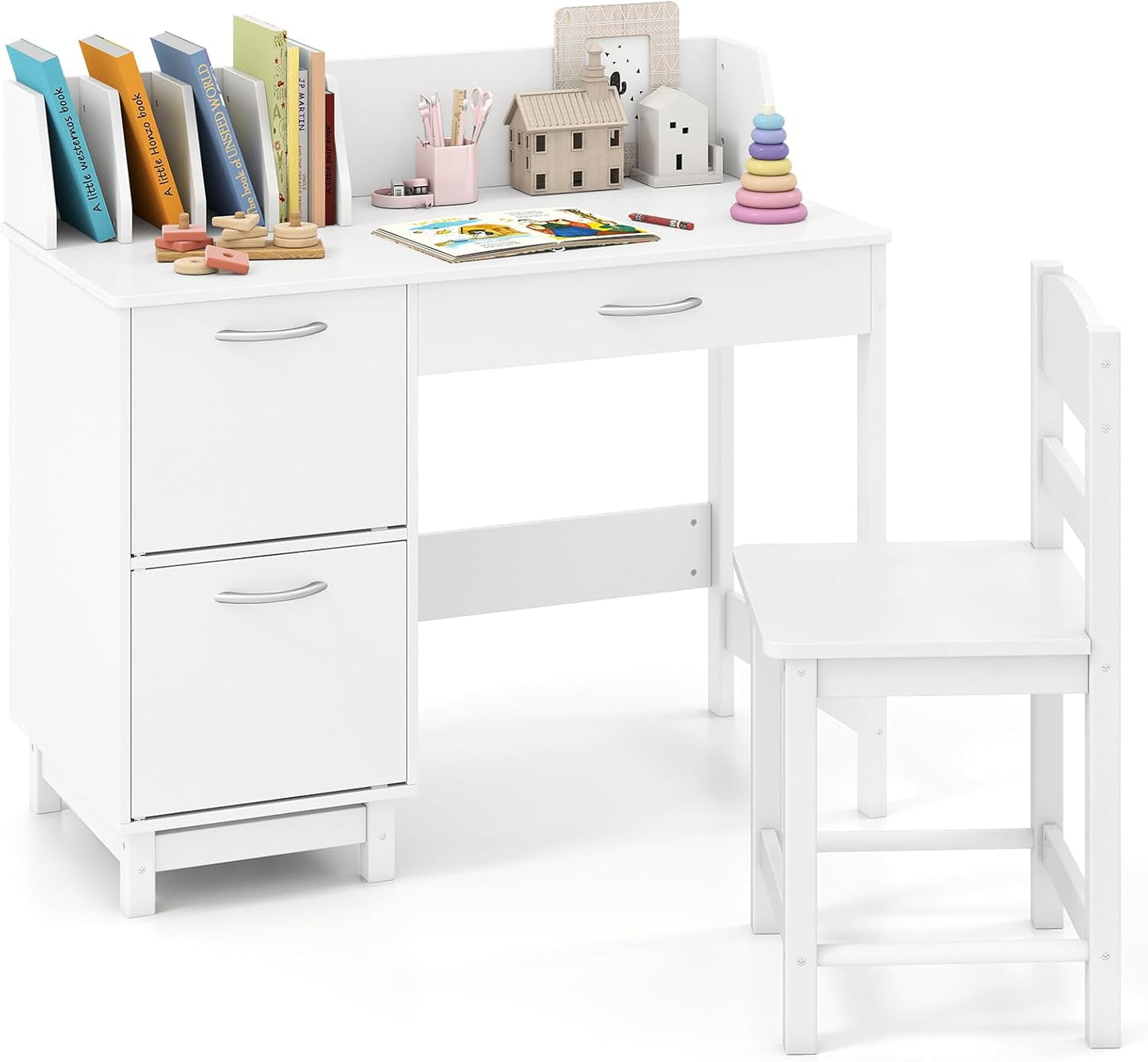 Kid's Study Desk and Chair Set with Deep Drawer and Enclosed Cabinets