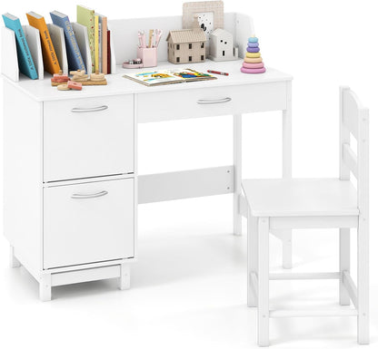 Kid's Study Desk and Chair Set with Deep Drawer and Enclosed Cabinets