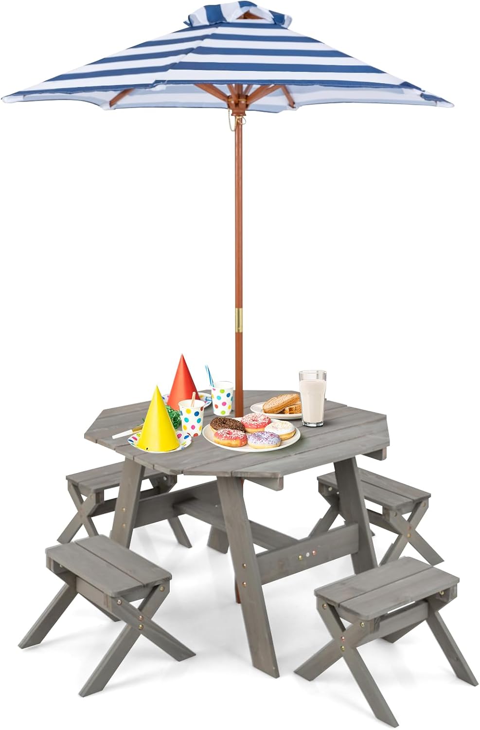 Wooden Kids Picnic Table and Benches Set with Foldable Parasol