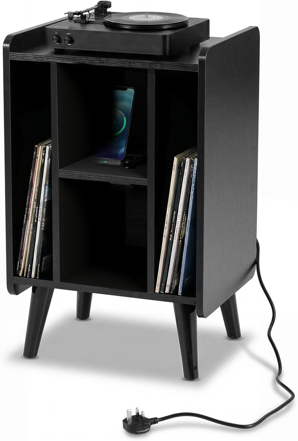 Record Player Stand with 4 Open Shelves Power Outlet USB Charging Port