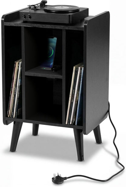 Record Player Stand with 4 Open Shelves Power Outlet USB Charging Port