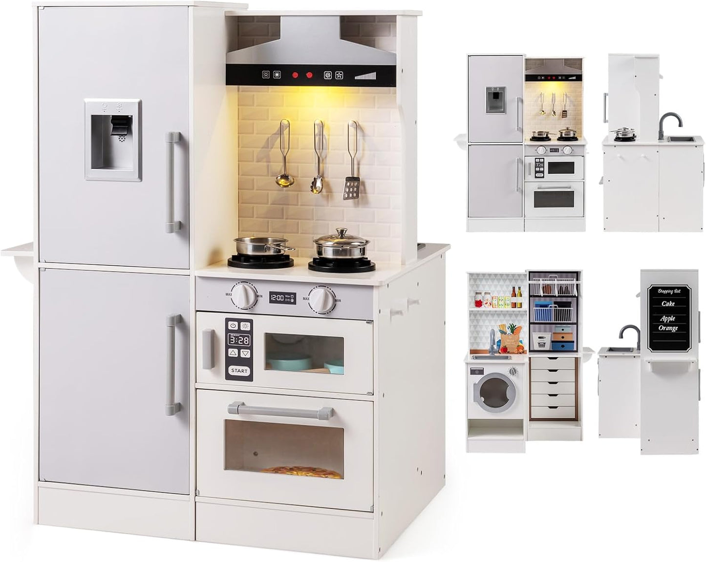 Kids Play Kitchen, Dual-Sided Toddler Pretend Laundry Toy Kitchen Playset