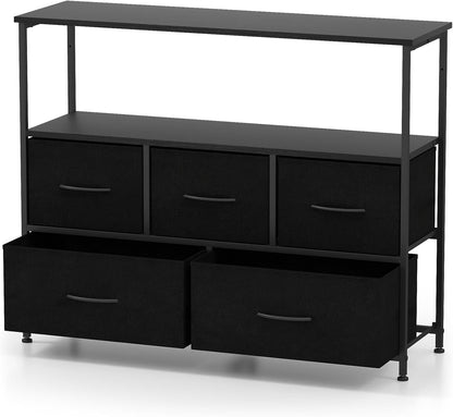 Chest of Drawers, Fabric 5-Drawer Dresser Chest Cabinet with 2 Wooden Open Shelves