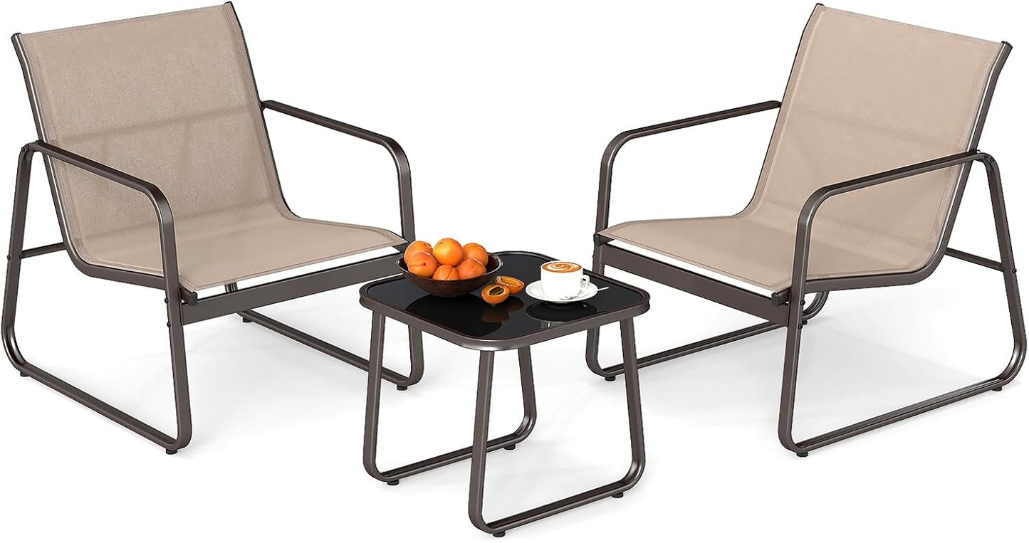 3-Piece Patio Bistro Set with Tempered Glass Table