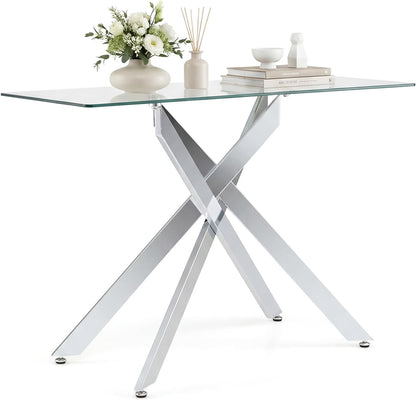 Modern Glass Console Table with Tempered Glass Top and Tubular Legs