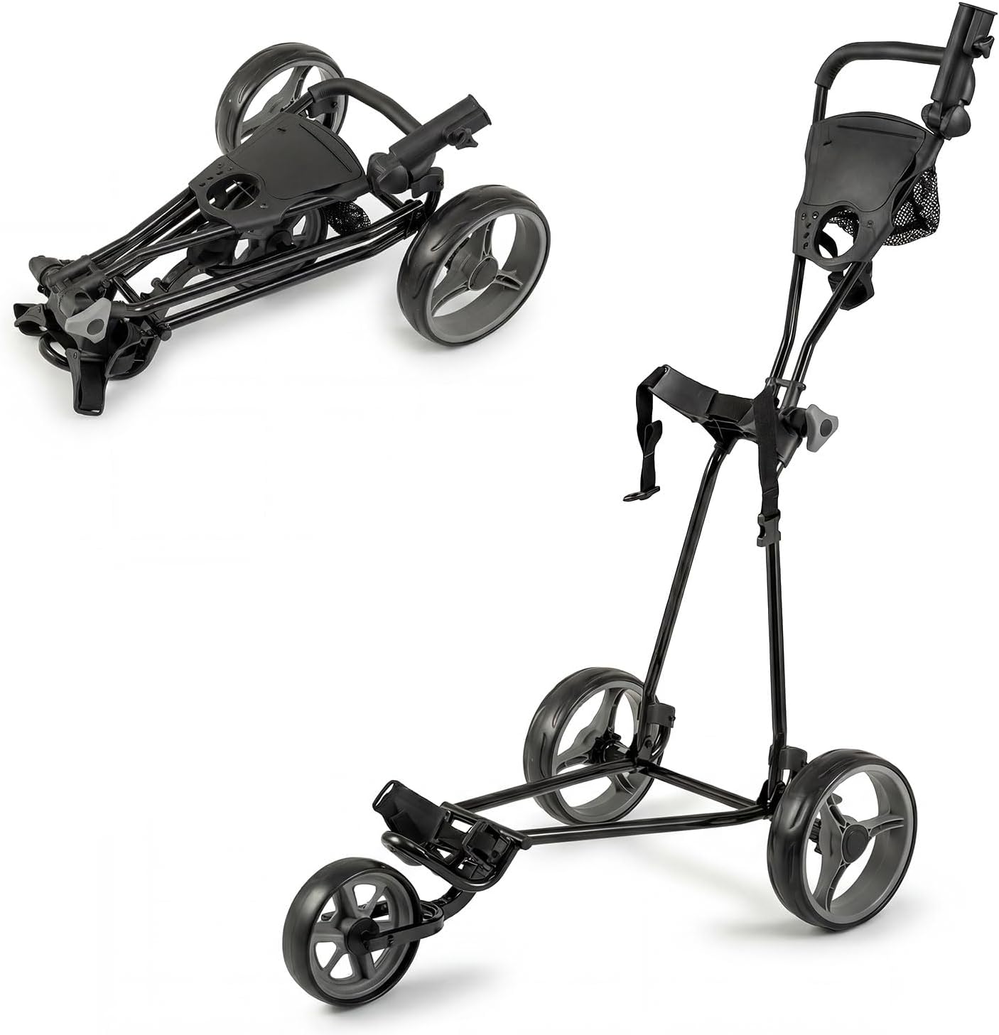 Folding Golf Push Pull Cart, Lightweight 3 Wheels Golfs Trolley with Foot Brake