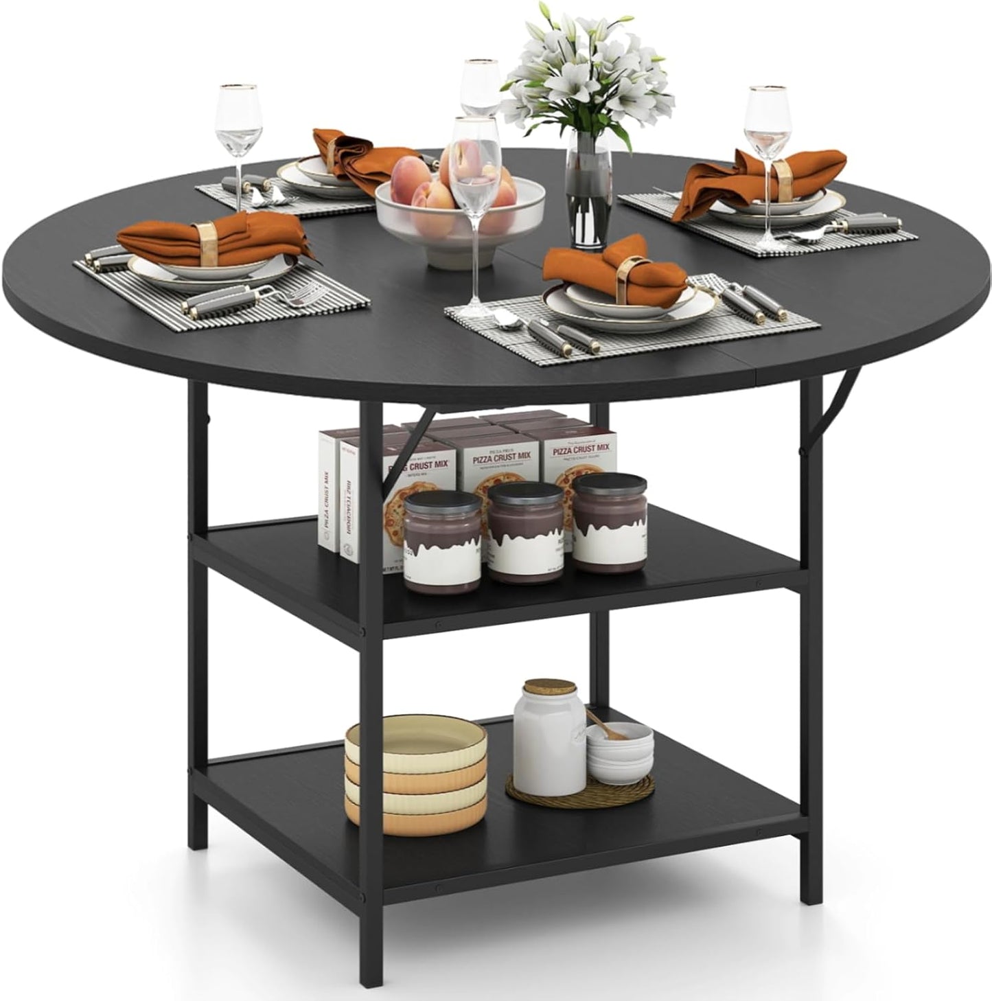 Dining Table for 4-6 People, Round Wooden Kitchen Tables with Storage Shelves