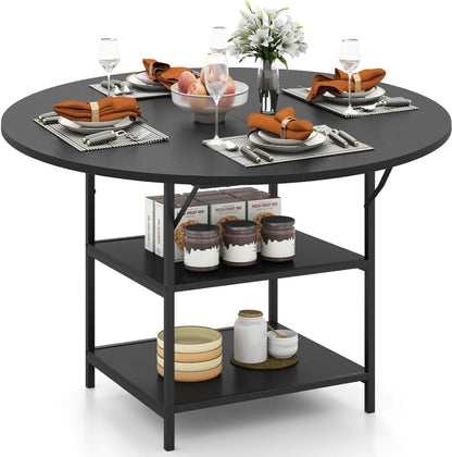 Dining Table for 4-6 People, Round Wooden Kitchen Tables with Storage Shelves