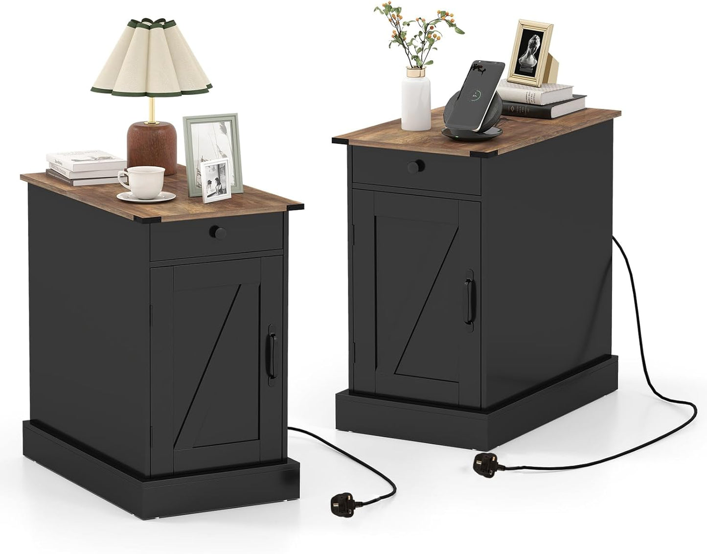 End Table with Charging Station Farmhouse Bedside Table with Storage Drawer