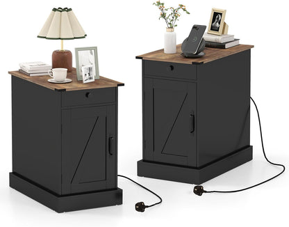 End Table with Charging Station Farmhouse Bedside Table with Storage Drawer