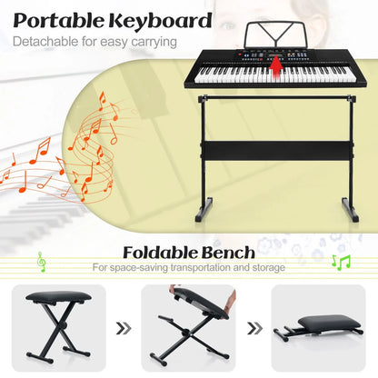 61-Key Portable Electronic Keyboard Piano Set with Stand and Stool